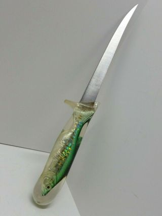 Vintage Clear Acrylic Fish Handle Fillet Knife W/ Sheath Fishing Fisherman Rare