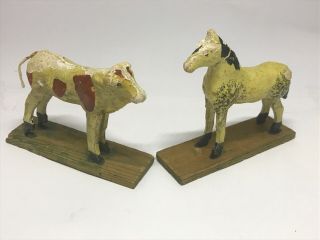 Vintage German Wood Composition Horse And Cow On Wooden Stands