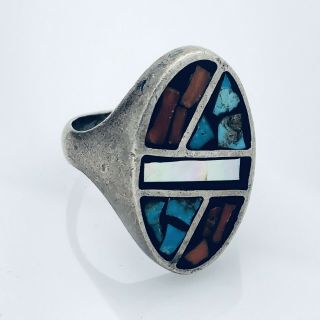 Vintage 925 Sterling Silver Ring With Red Blue White Modern Design