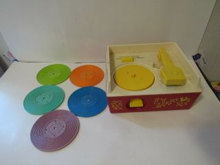 Vintage 1971 Fisher Price Music Box Record Player Wind Up 5 Records 10 Songs