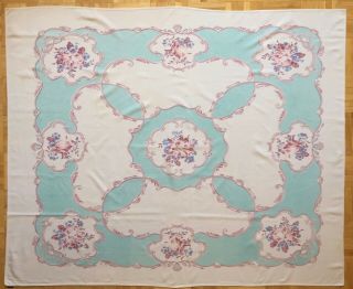 Vintage Tablecloth,  Aqua,  Brown,  Blue,  Pink.  Flowers,  44 " X 54 " Pastel,  Cotton.