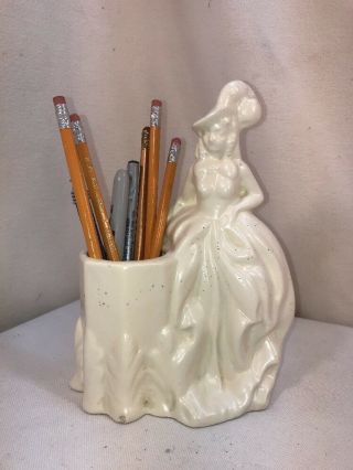 Vtg 40 - 50’s Haeger USA Pottery Art Victorian Lady Flower Planter Vase Pen Holder 2