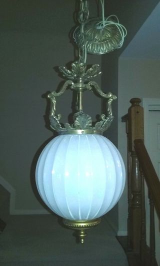 Vintage Opalescent Glass Hanging Globe / Swag Mid - Century Light Fixture