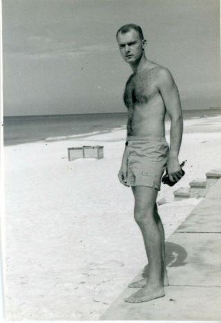 Vintage Photo - Guy W/ A Hairy Chest In A Swimsuit Enjoying A Day At The Beach
