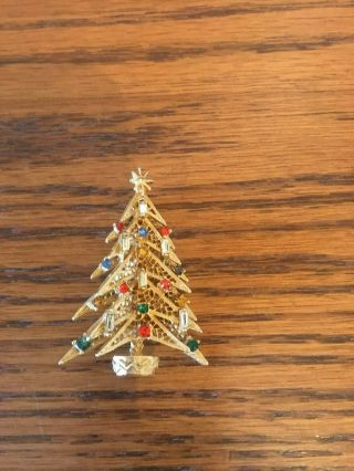 Vtg Signed Art Christmas Tree Rhinestone Gold Brooch Pin Candlelight