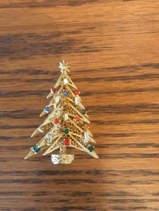 VTG Signed Art Christmas Tree Rhinestone Gold Brooch Pin Candlelight 2