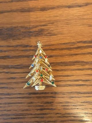 VTG Signed Art Christmas Tree Rhinestone Gold Brooch Pin Candlelight 3