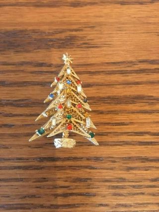 VTG Signed Art Christmas Tree Rhinestone Gold Brooch Pin Candlelight 4
