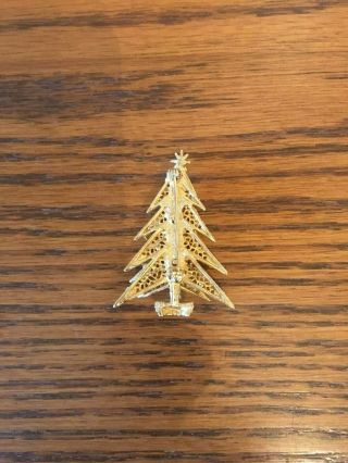 VTG Signed Art Christmas Tree Rhinestone Gold Brooch Pin Candlelight 5