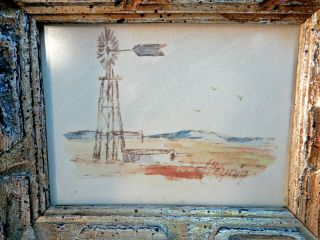 Vtg Southwest Miniature Watercolor Painting,  Wood Frame,  Glass,  Signed F Heynig