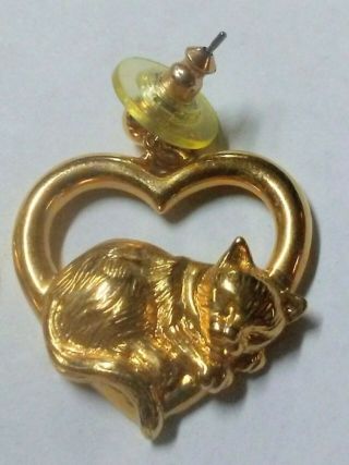 Vintage Designer Signed AVON Cats Heart Shaped Goldtone Dangling Earrings 3