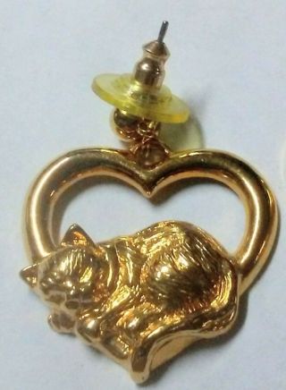 Vintage Designer Signed AVON Cats Heart Shaped Goldtone Dangling Earrings 4