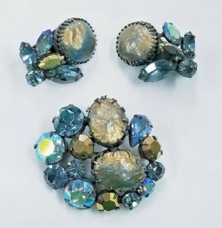 Vintage Saphiret Regency Rhinestone Pin Brooch Earring Set,  2 Tone Gold & Blue