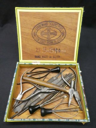 21 X Vintage Watchmaker Tools Mixed Pliers Tweezers Files Hammer,  In Cigar Box