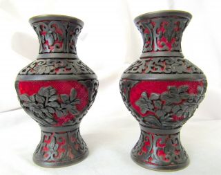 Vintage 4 " Pair Carved Cinnabar Vases Black & Red Blue Enamel