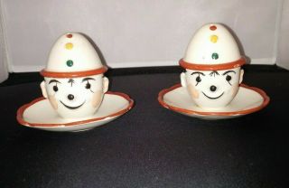 Vintage Set Of Clown Face Egg Cups W/ Salt Shaker Hat,  Mid - Century