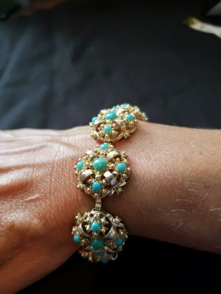 Vintage Gold Tone Blue/green Stone Link Bracelet 7 Inches Long
