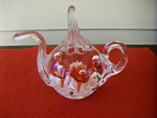 Vintage St Clair Blown Art Glass Red Flower Teapot Paperweight Ring Holder