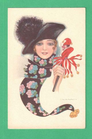 Vintage Nanni Art Postcard Fashionable Lady Clown - Toy On Stick