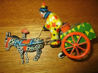 Vintage Tin Wind Up Toye,  Clown On Wagon With Donkey Pulling,