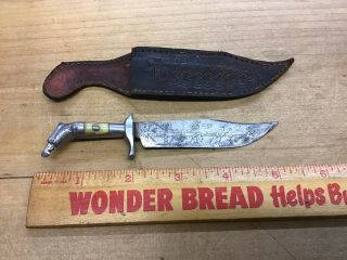Vintage Mexico Fixed Blade Knife With Leather Sheath Eagle Head Engraved Blade