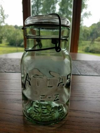 Vintage Atlas E - Z Seal Green Mason Fruit Canning Jar Lid & Bail 7.  5 "