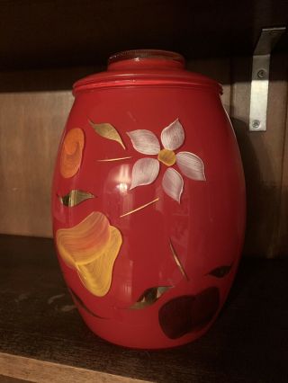 Vintage Bartlett Collins Glass Cookie Jar Red With Fruit