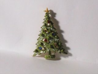 Vintage Signed Art Gold - Tone Metal Rhinestone Enamel Christmas Tree Pin Brooch