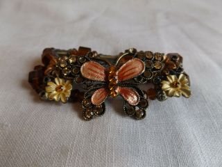 Vintage Mid - Century Enamel Butterfly And Amber Glass Bead Bracelet Stretch Ban