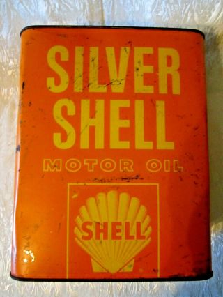 Large Vintage Two Gallon Silver Shell Motor Oil Tin Can Sign Gas Service Station