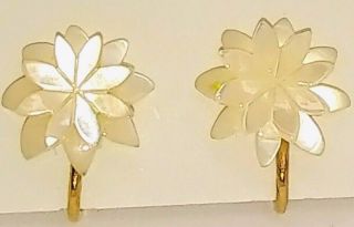 Vintage Delicate Carved Mother Of Pearl Flower Clip Earrings