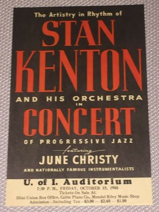 Vtg 1948 Stan Kenton & June Christy Concert Flyer U Of I - University Of Illinois