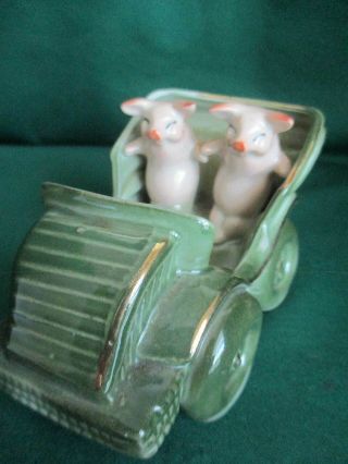Vintage Pink Pig Fairing Figurine 2 Little Pigs In A Convertible Car Germany