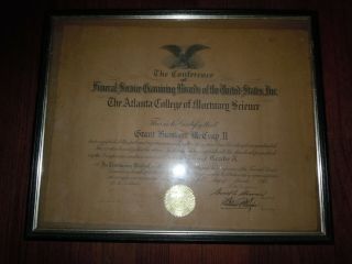 Vintage Antique 1948 Diploma The Atlanta College Of Mortuary Science Rare 22x18