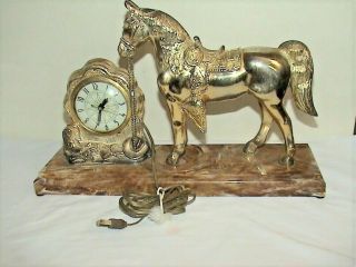 Vintage United Lanshire Brass Horse Clock Mantle On Bakelite Base