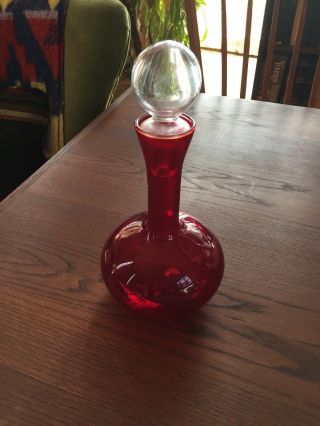 Vintage Red Glass Decanter Bottle With Glass Stopper
