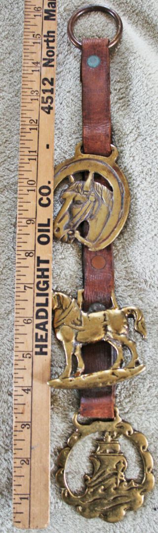 3 Vintage Brass Draft Horse Harness Medallions Horses & Ship On Leather Hangar