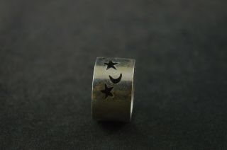 Vintage Sterling Silver Wide Band Ring W Star & Moon Inlay Design - 7g