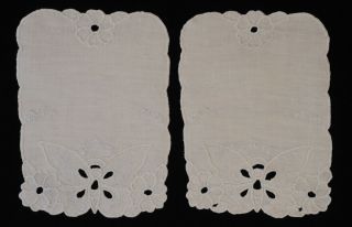 Pair Vintage Linen Doilies Hand Embroidered & Cutwork Butterflies