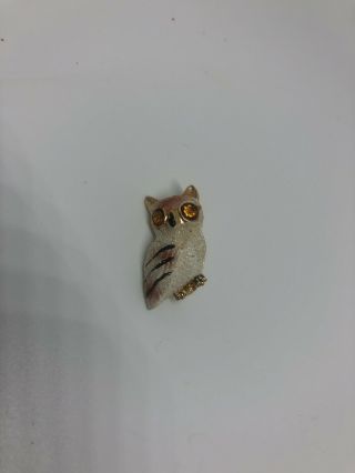 Vintage Brooch Pin Amber Rhinestone Eyes Enamel Flocked Owl Jewelry