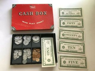 Vtg Toy Money & Cash Box Ideal Coin & Paper Money Plus More