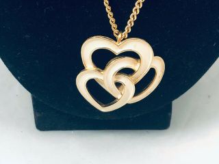 Vtg.  Boucher Numbered Cream Enamel & Gold Tone Triple Hearts Chain Necklace