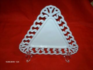 Vintage Milk Glass Triangle Shaped Open Lace S Edge Plate 8 1/2 " X 8 ".