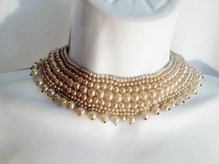 Vintage Retro Mid Century Modern Pearl Bead Bib Necklace Collar Choker Fringe Ta
