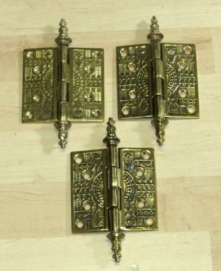 Set Of 3 Vintage Ornate 4 " X 7 " Polished Solid Brass Decorative Door Hinges Aabco
