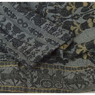 Sanskriti Vintage Grey Saree Pure Silk Woven Brocade Craft Fabric Premium Sari