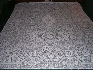 170a Vintage White Quaker Lace Tablecloth Baskets Of Roses Ribbon Bows 61x82 Euc