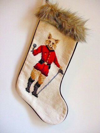 Vintage Christmas Needlepoint Stocking Redcoat Fox Master Of Hounds 19 " Faux Fur
