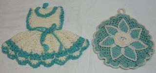 2 Vintage Hand Crocheted Turquoise & Cream Decorative Pot Holders / Hot Pads