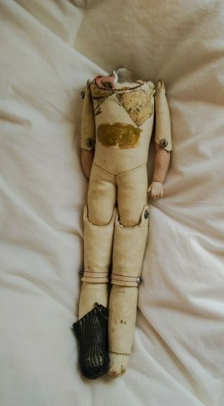ANTIQUE SEWN LEATHER SAWDUST DOLL BODY FOR PARTS/REPAIR/art 11 